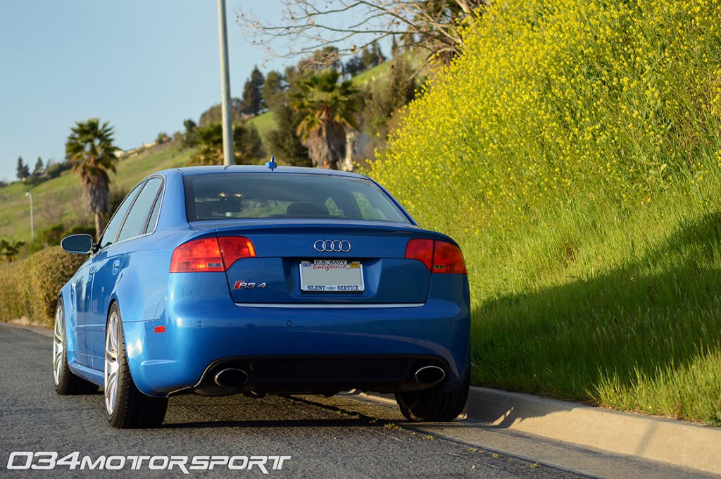Sprint Blue B7 Audi RS4 Suspension Upgrades, Rear Sway Bar, Spherical End Links, Lowered on KW Variant 3 Coilovers