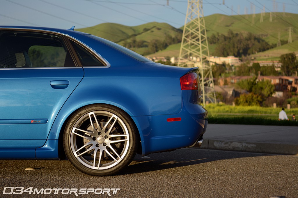 Sprint Blue B7 Audi RS4 Suspension Upgrades, Rear Sway Bar, Spherical End Links, Lowered on KW Variant 3 Coilovers